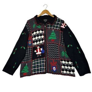Vintage Women's Christmas Holiday Ugly Sweater Zip 3X Patch Tree Holly Cardigan